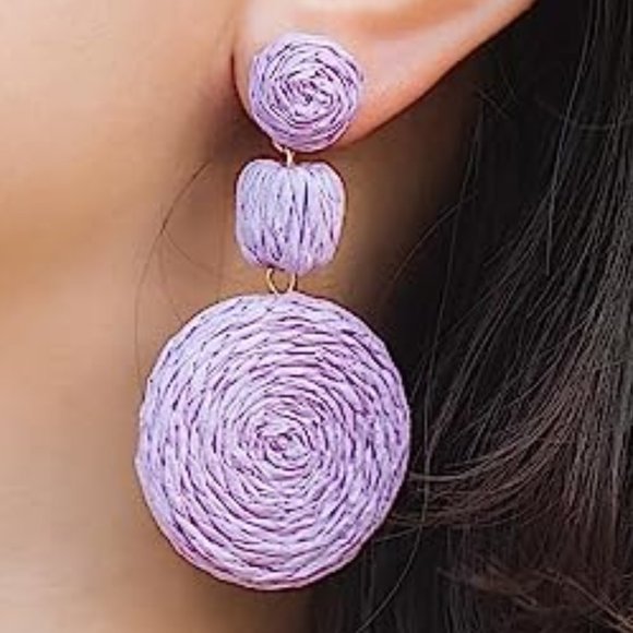 Lavender Wicker Earrings Rattan Bold Dangle 80s 90s Beach Summer Raffia New - Picture 3 of 9